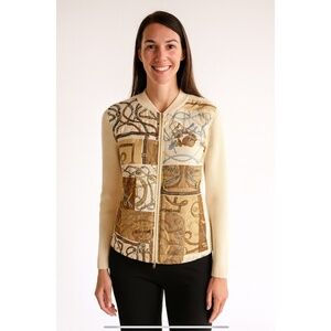 J MCLAUGHLIN ANDI QUILTED EQUESTRIAN IVORY KNIT FRONT ZIP PUFFER JACKET S